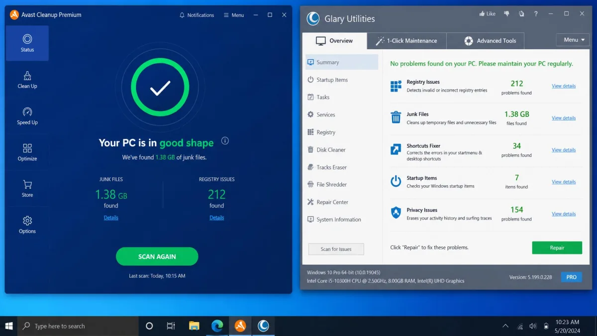 Two Windows application windows side by side, Avast Cleanup Premium's blue one-click maintenance dashboard on the left and Glary Utilities' grey tool-list interface on the right, both showing scan results on the same PC.