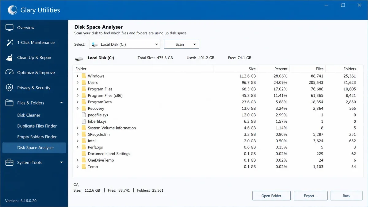 Glary Utilities disk space analyser showing a sorted folder tree with the largest folders on a Windows C drive, sizes in gigabytes listed down the right column.