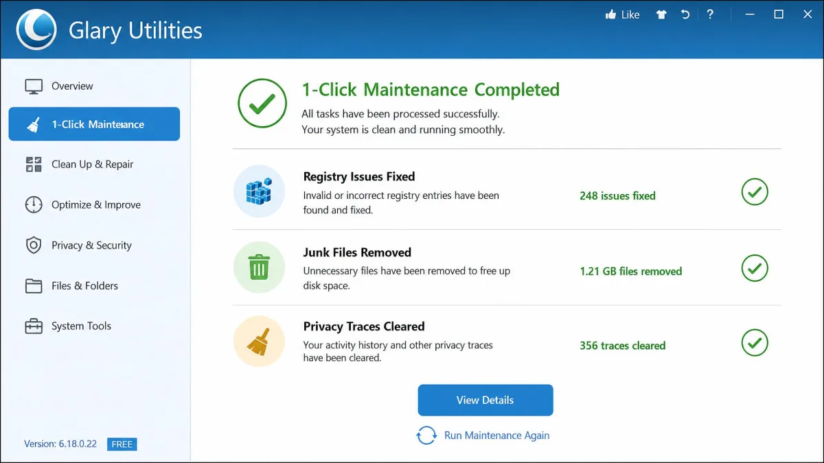 Glary Utilities 1-Click Maintenance summary screen after a full run, listing registry issues fixed, junk files removed, and privacy traces cleared with green check marks.