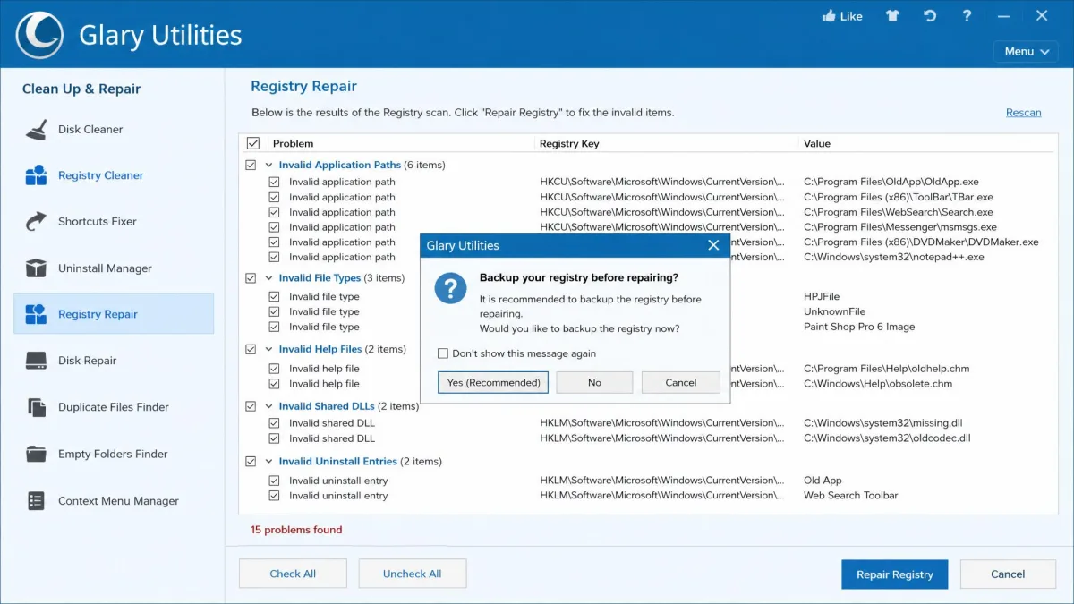 Glary Utilities registry repair module displaying a list of invalid registry entries with a backup prompt dialog open before the repair is applied.