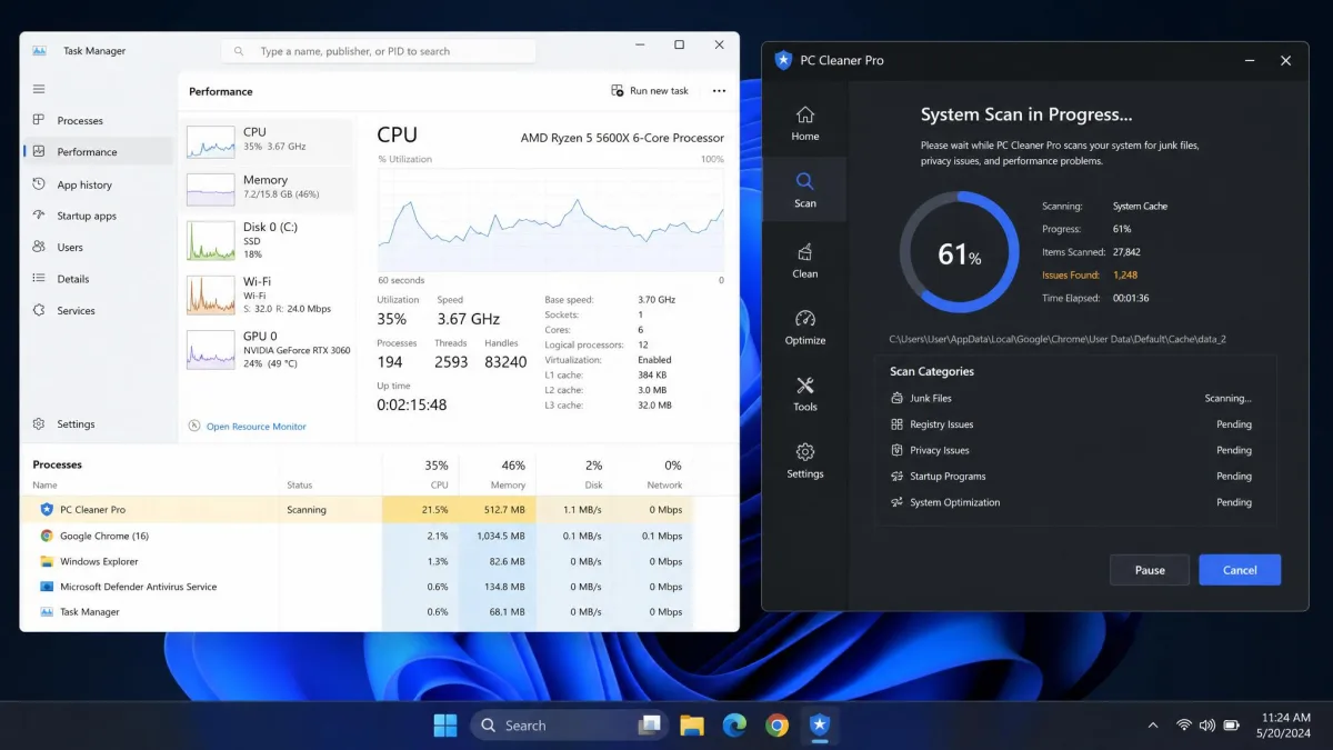 Windows Task Manager performance tab open beside a running PC cleanup scan, showing the cleaner process memory and CPU columns highlighted during the test.
