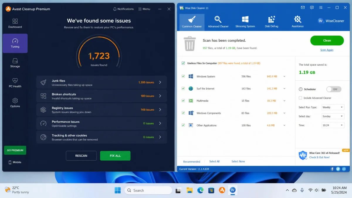 Side-by-side screenshot of the Avast Cleanup Premium tuning dashboard on the left and the Wise Disk Cleaner Common Cleaner tab on the right, both showing scan results on a Windows 11 desktop.