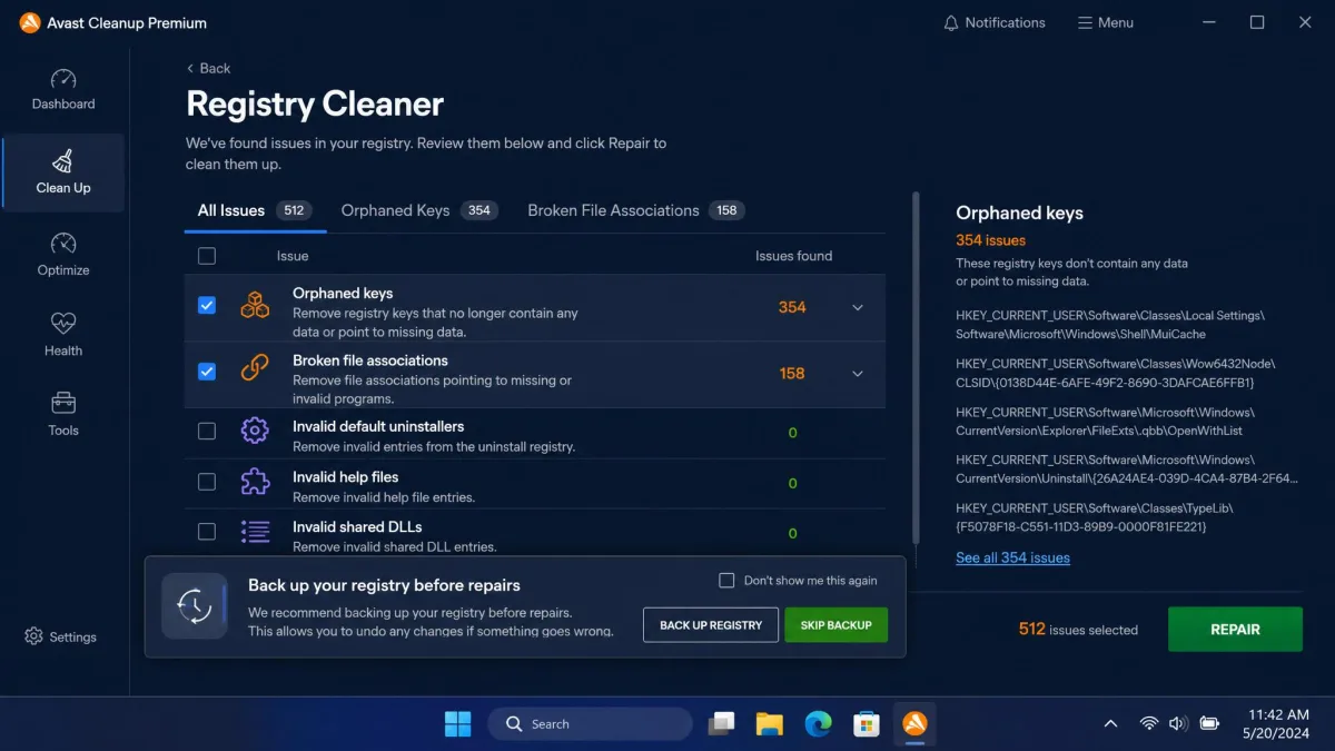Avast Cleanup Premium's Registry Cleaner listing orphaned keys and broken file associations found on Windows 11, with the pre-repair backup prompt visible.