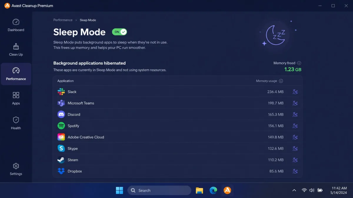 Avast Cleanup Premium's Sleep Mode screen listing background applications that have been hibernated, with memory usage figures beside each app on Windows 11.