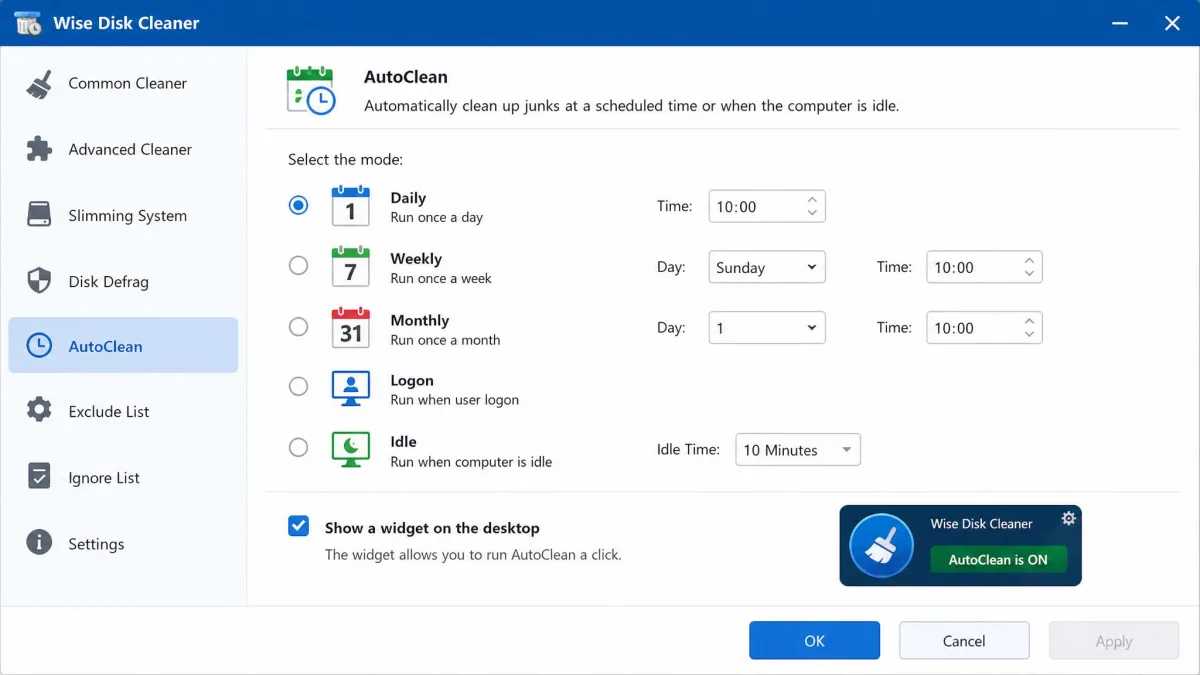 Wise Disk Cleaner's AutoClean scheduler settings panel showing daily, weekly, monthly, logon and idle scheduling options with the desktop widget toggle enabled.