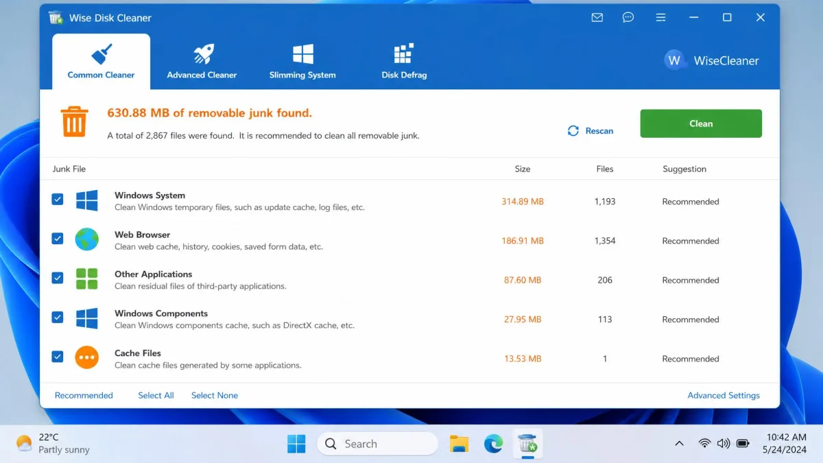 Wise Disk Cleaner's Common Cleaner tab after a scan on Windows 11, showing 630.88 MB of removable junk itemized by category with checkboxes beside each entry.