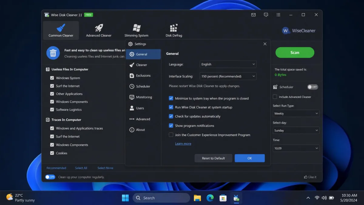 Wise Disk Cleaner running in dark mode on a high-resolution Windows 11 laptop, with the interface scaling slider set to 150 percent in the settings panel.