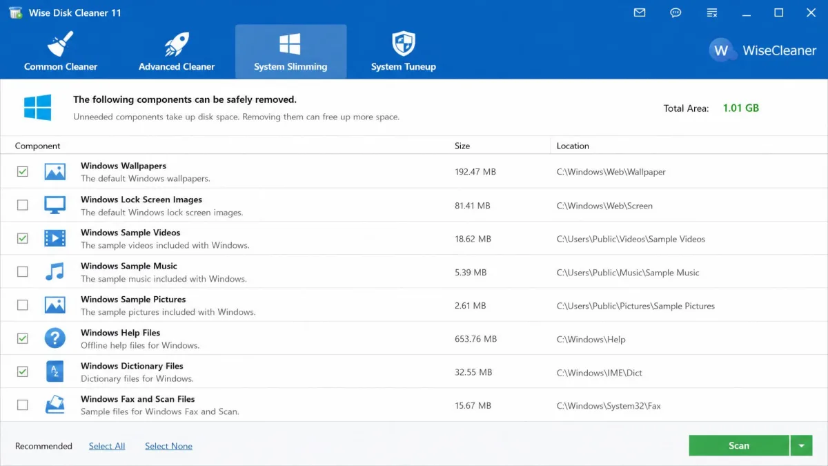 Wise Disk Cleaner's System Slimming tab listing removable Windows components such as wallpapers and sample media, with several entries unchecked before running.