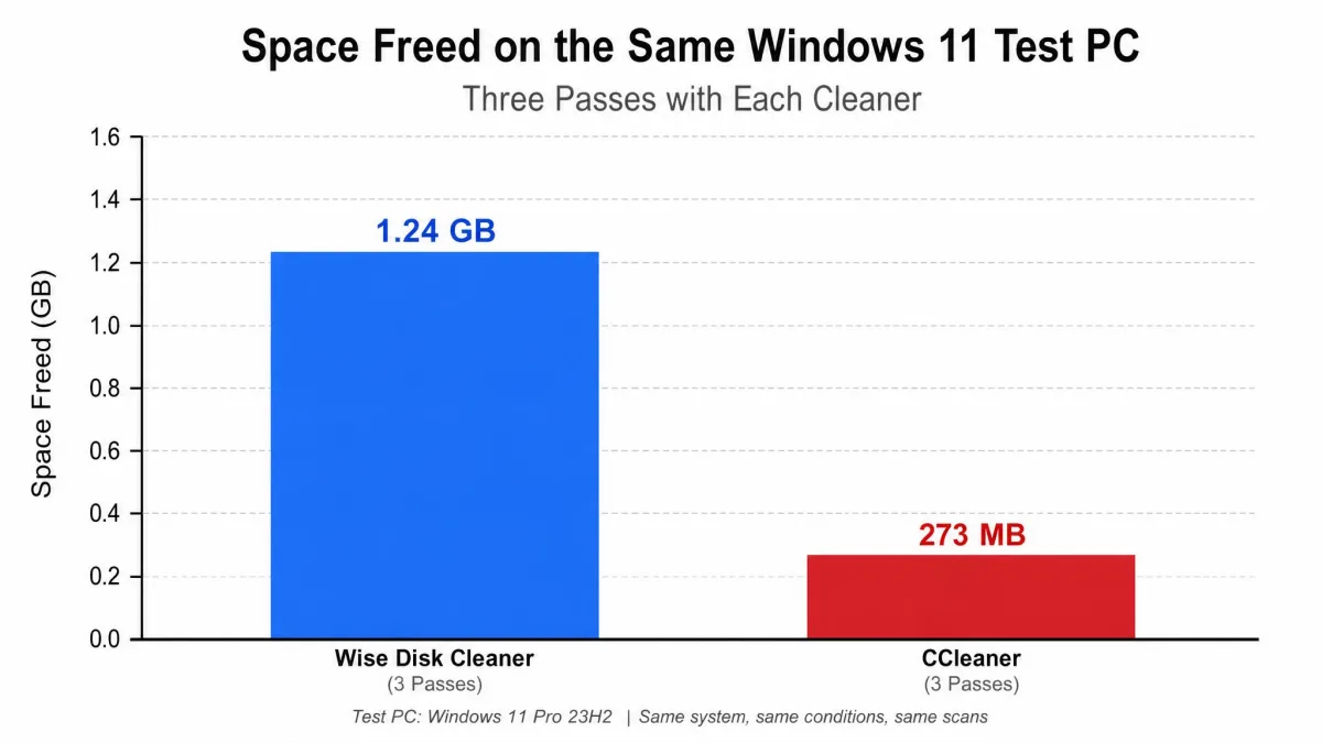 Bar chart comparing space freed on the same Windows 11 test PC, showing Wise Disk Cleaner at just over 1.2 GB across three passes against CCleaner at 273 MB.