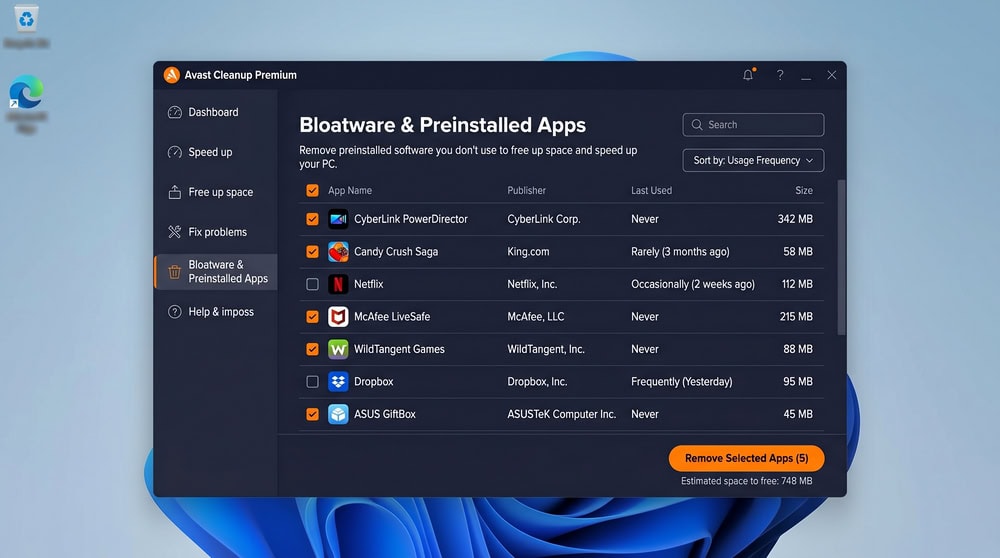 Avast Cleanup Bloatware Removal screen listing preinstalled programs flagged for removal with usage-frequency labels.