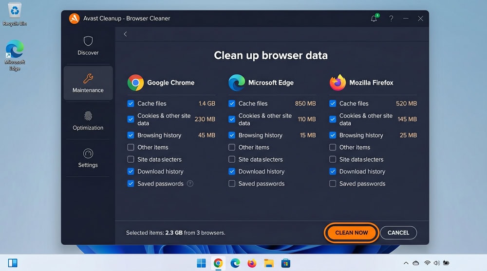 Avast Cleanup Browser Cleaner screen listing Chrome, Edge, and Firefox with checkboxes for cookies, cache, and history.
