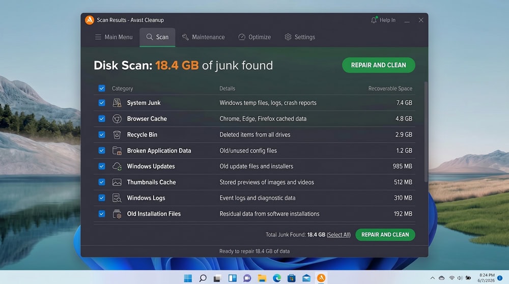 Avast Cleanup disk scan results on Windows 11 listing junk-file categories with recoverable space shown per category.