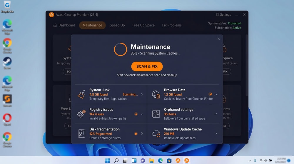 Avast Cleanup Maintenance tile expanded on Windows 11 showing a one-click scan button and a summary of cleanup tasks.