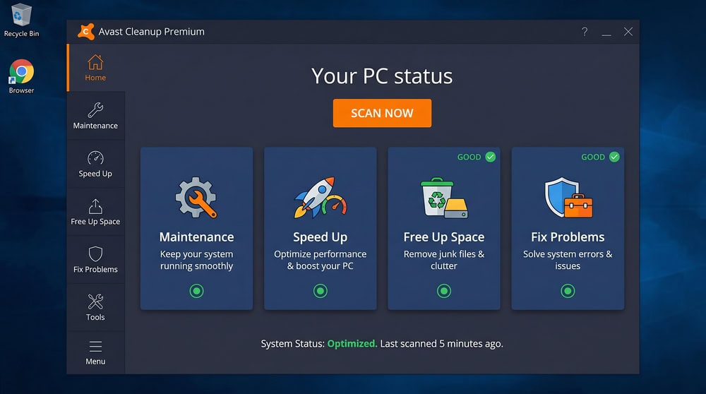 Avast Cleanup Premium home screen on Windows 11 showing four action tiles labeled Maintenance, Speed Up, Free Up Space, and Fix Problems.