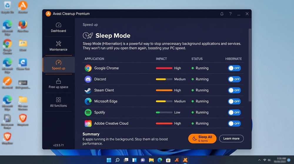 Avast Cleanup Sleep Mode screen listing background applications with toggle switches to hibernate each one.