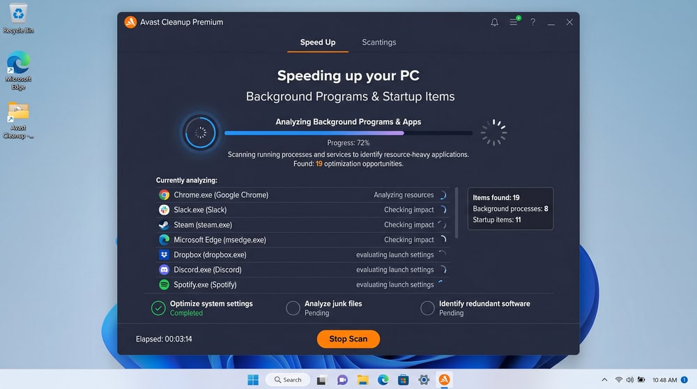 Avast Cleanup Speed Up scan in progress on Windows 11 showing background programs being analyzed with a progress bar.