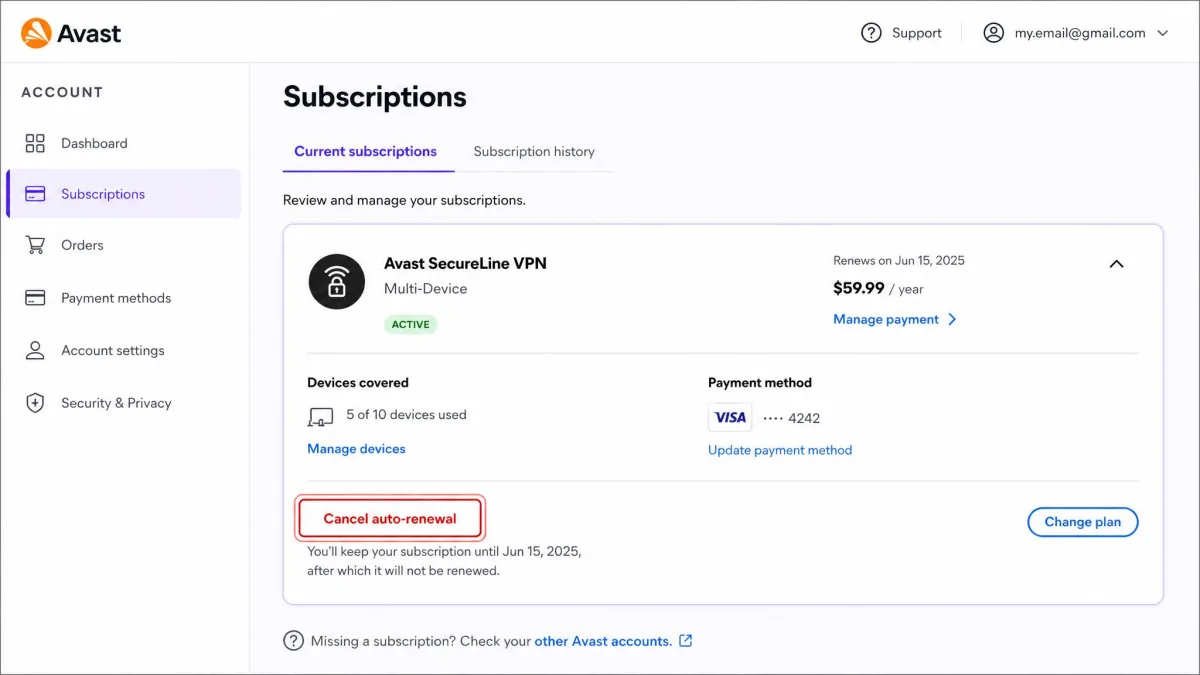 The Avast Account web page open on the Subscriptions tab, with the SecureLine VPN subscription selected and the Cancel auto-renewal button highlighted.