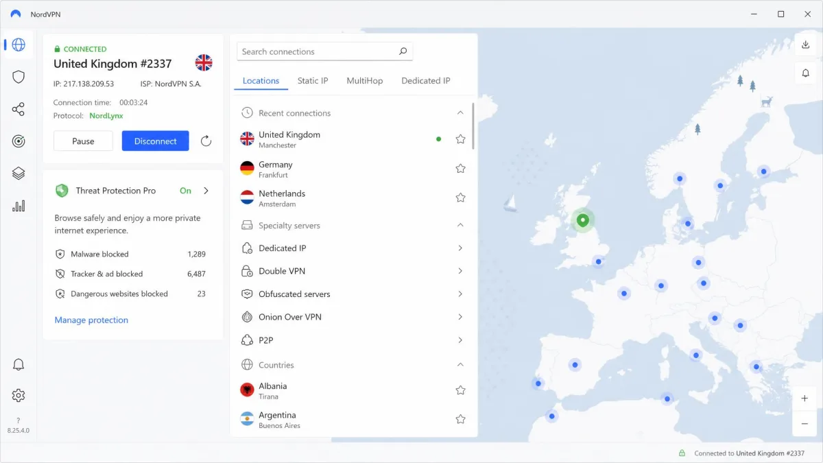 NordVPN's Windows app connected to a nearby server through NordLynx, with the server list open beside the map and Threat Protection Pro switched on.