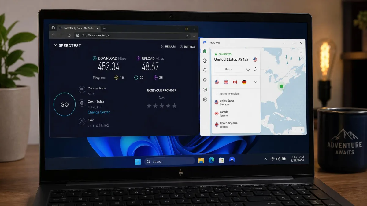 A Windows laptop running a speed test while NordVPN is connected to a nearby server, showing the download and upload results on screen.