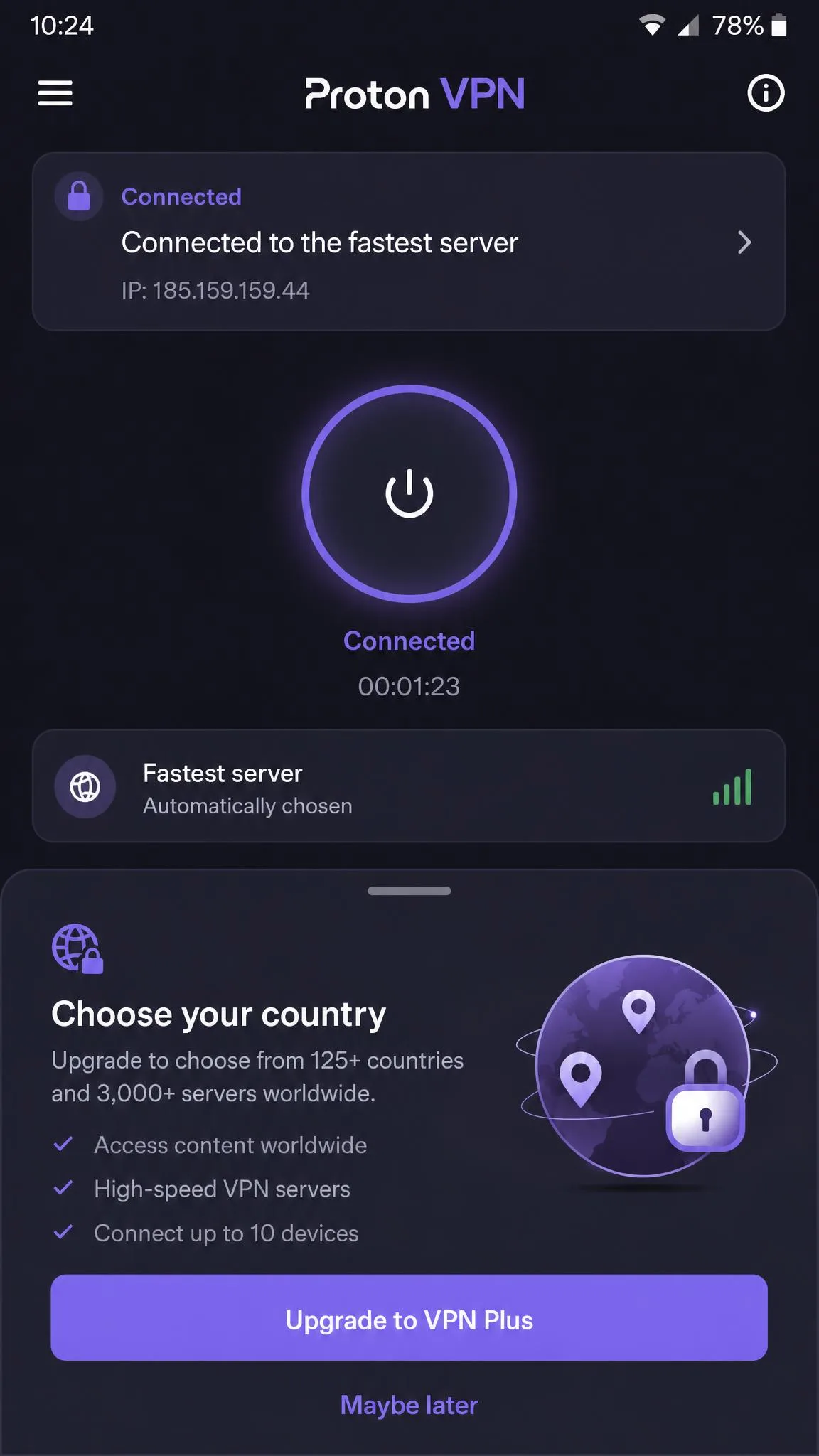 Proton VPN's free plan on an Android phone, connected to a server the app chose automatically, with the upgrade prompt for choosing countries shown below.