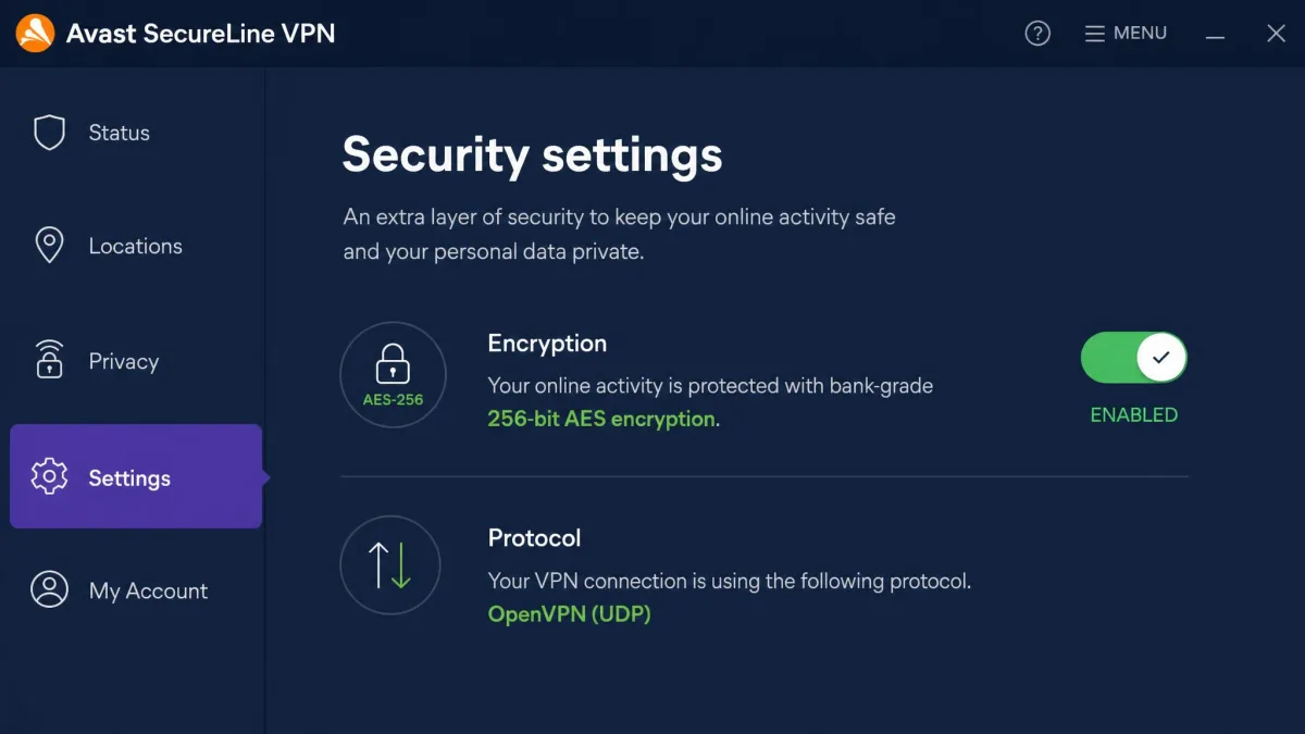Avast SecureLine VPN security settings showing 256-bit AES encryption enabled and the active protocol listed below it.
