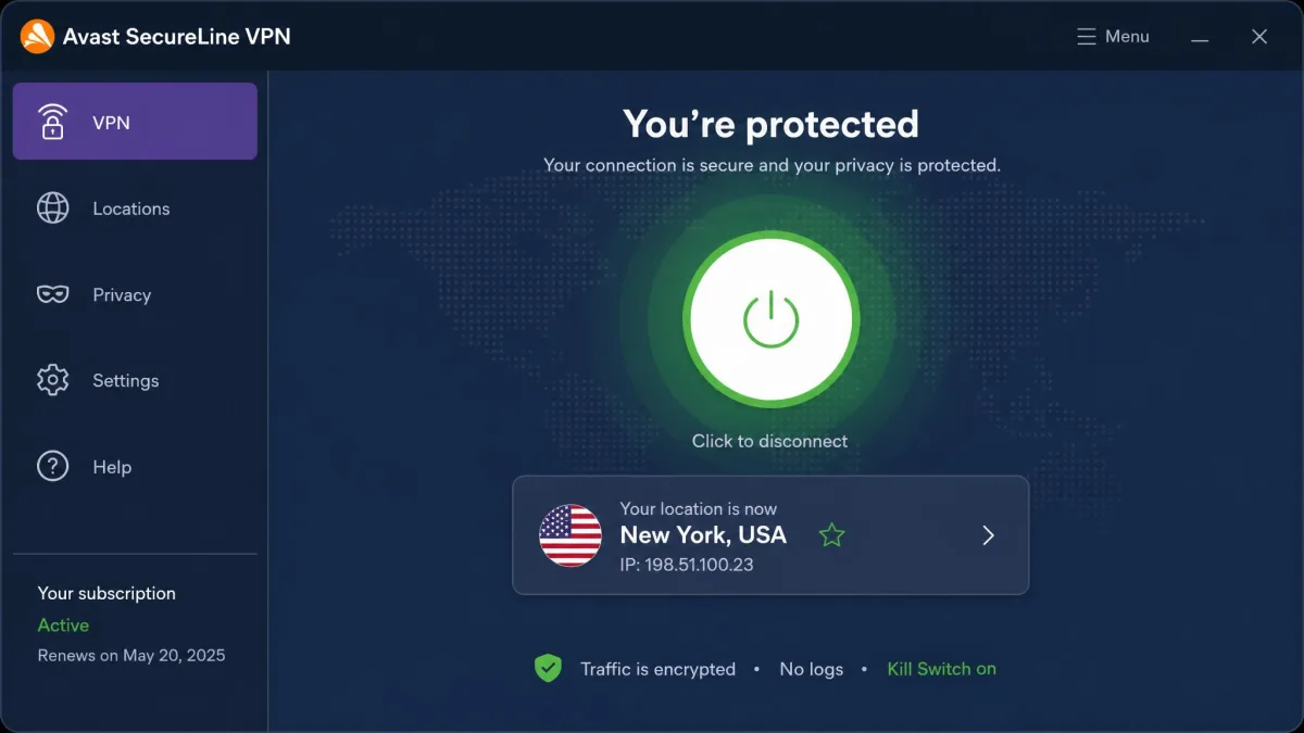 Avast SecureLine VPN desktop app showing the large connect button, a selected server location, and the connection status set to protected.