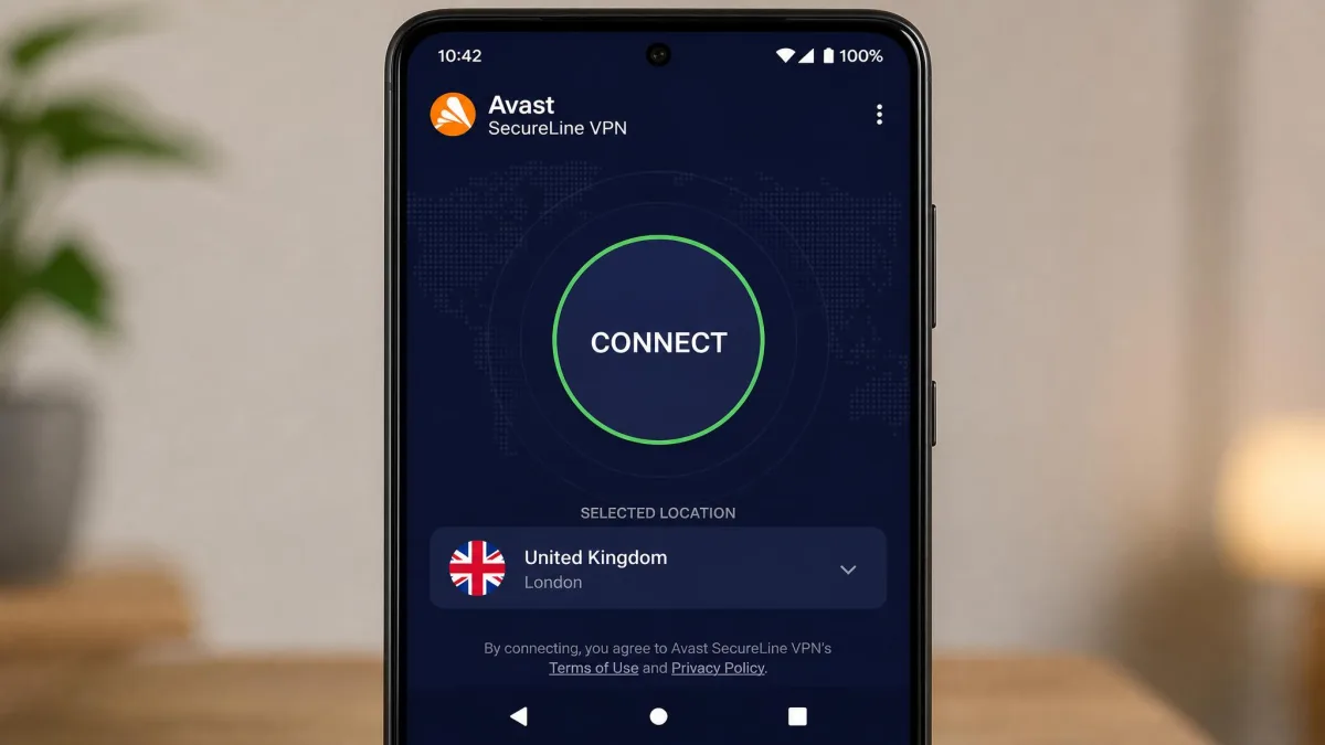 Avast SecureLine VPN Android app on a phone screen showing the single connect button and selected server country.