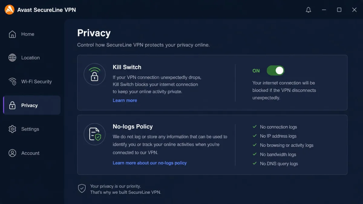 Avast SecureLine VPN privacy and settings panel showing the kill switch toggle and no-logs policy description.