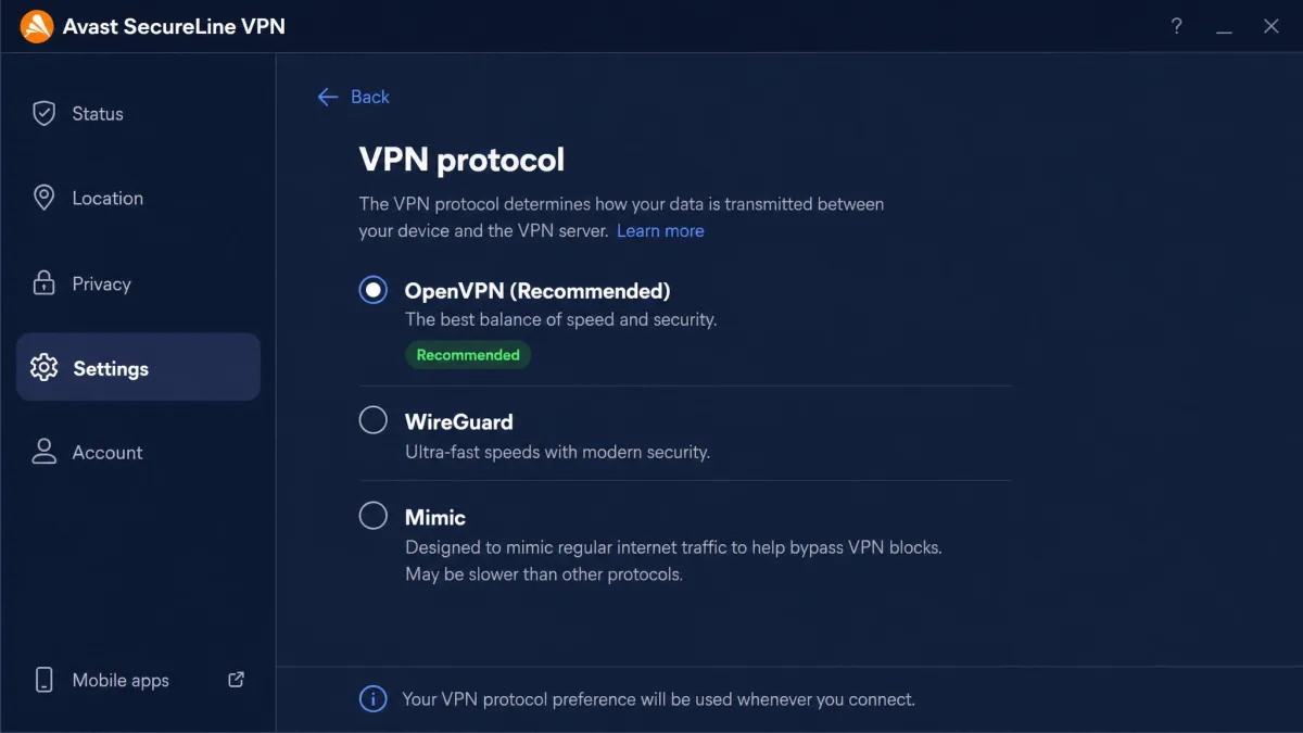 Avast SecureLine VPN settings screen showing the VPN protocol options including OpenVPN, WireGuard, and Mimic with radio buttons.