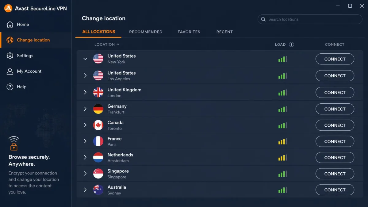 Avast SecureLine VPN server location menu listing countries and cities with connect buttons beside each entry.