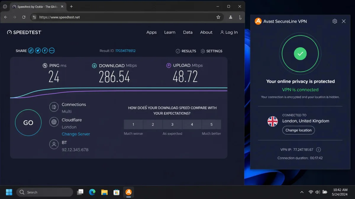 A browser speed test running with Avast SecureLine VPN connected, showing download and upload figures beside the app window.