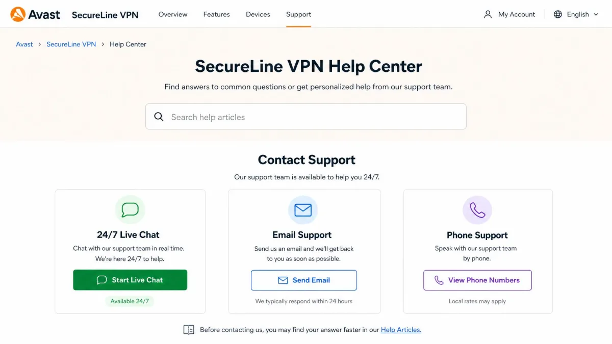 Avast SecureLine VPN help center page showing the 24/7 live chat option alongside email and phone support links.
