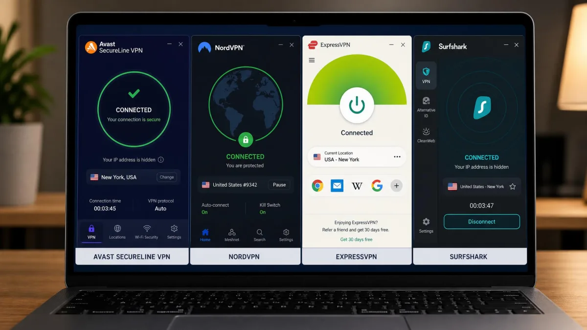 Side-by-side comparison of Avast SecureLine VPN and rival VPN apps open on a laptop screen showing their connection dashboards.