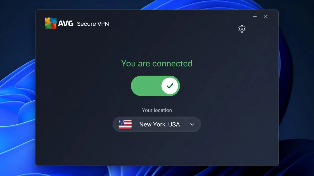 AVG Secure VPN's Windows app in its connected state, showing the single on/off switch, the chosen server location and the settings gear in the corner.