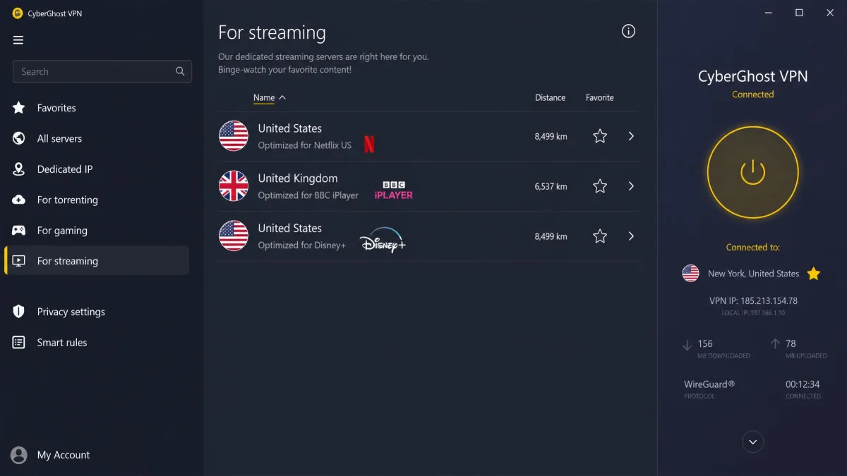 CyberGhost's Windows app with the "For streaming" server list open, showing servers labeled for Netflix US, BBC iPlayer and Disney+.