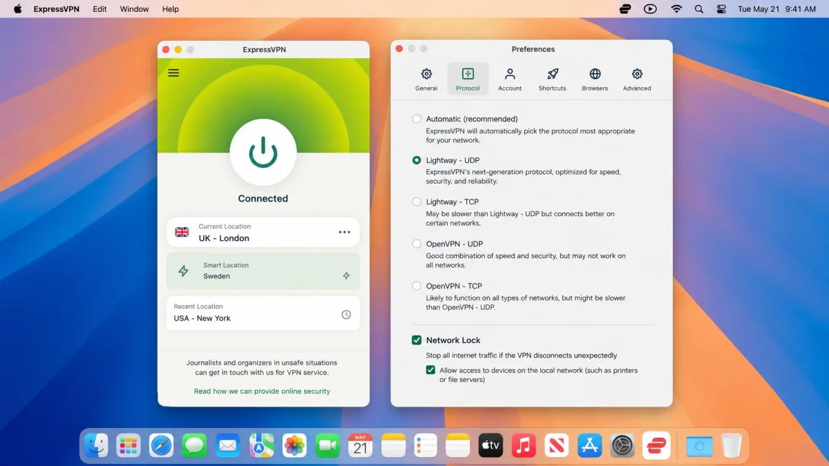 ExpressVPN's Mac app connected over the Lightway protocol, with the smart location card and the Network Lock setting shown in the preferences window.