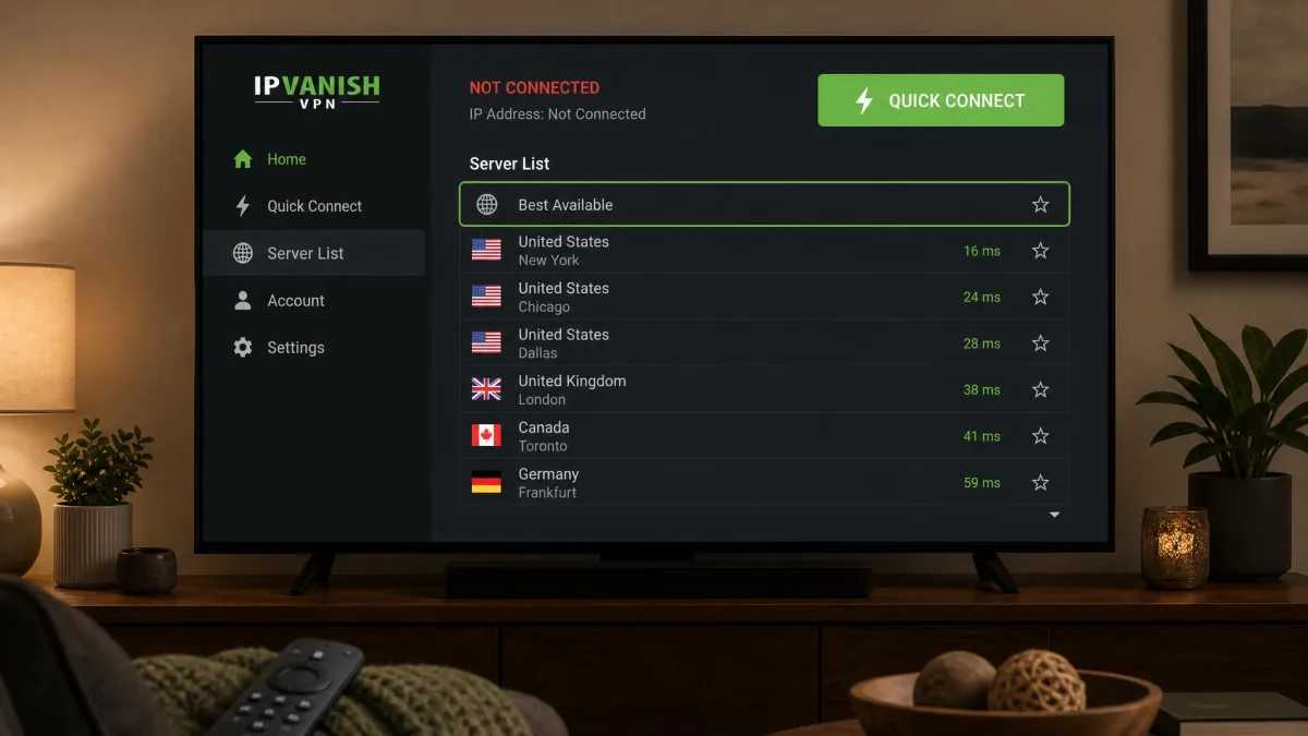 IPVanish's Fire TV app on a living-room TV, showing the quick-connect button and a server location list navigated with the remote.