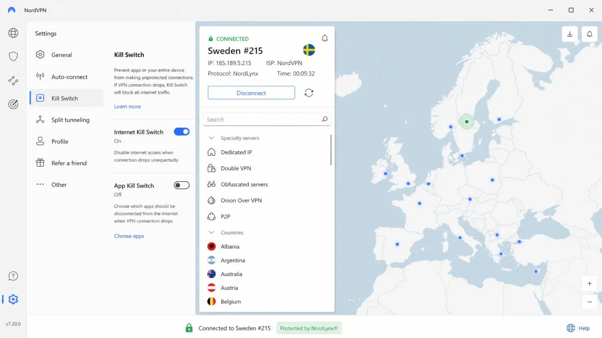 NordVPN's Windows app connected to a nearby server over NordLynx, with the server list view open beside the map and the kill switch toggle visible in settings.