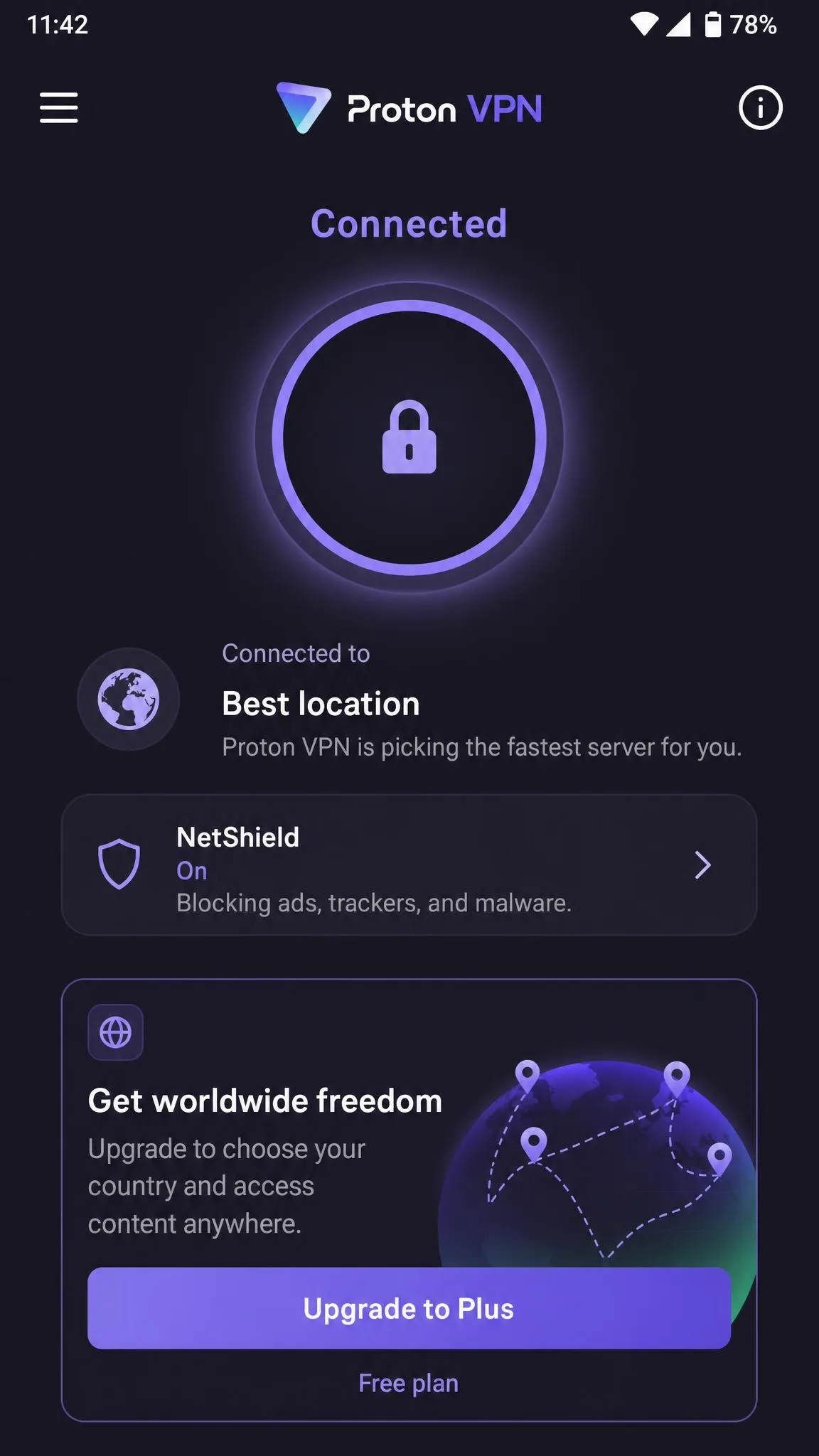 Proton VPN's free plan on an Android phone, connected to a server the app picked automatically, with the prompt to upgrade for country selection shown below.