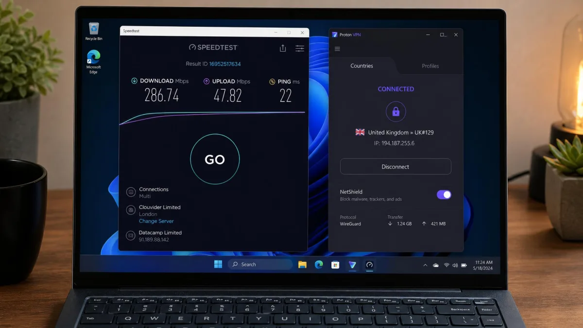 A Windows laptop running a speed test with a VPN connected, the results panel showing download, upload and ping beside the VPN app's connected server.