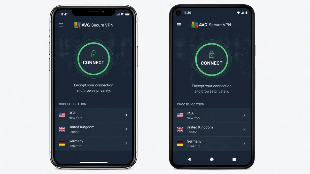 AVG Secure VPN mobile app shown side by side on an iPhone and an Android phone, both displaying the connect button and a short server location list.