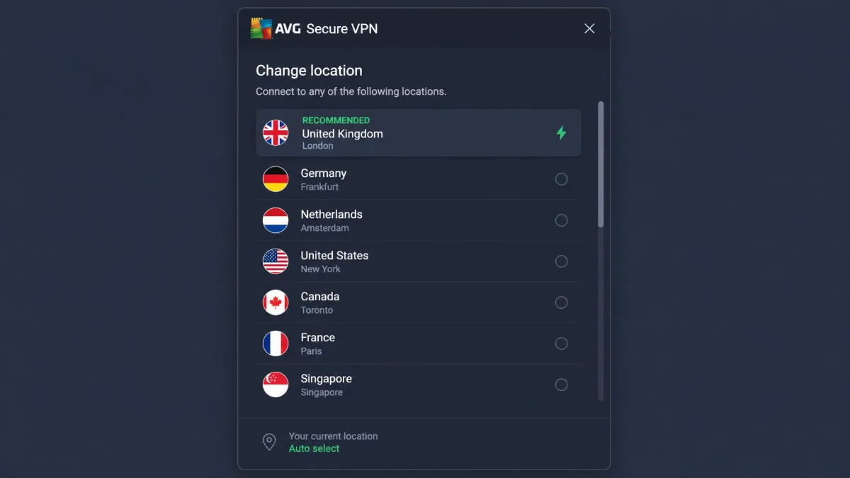AVG Secure VPN location picker listing available countries in a scrollable column, illustrating the relatively short list of server locations.