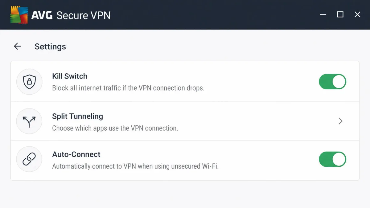AVG Secure VPN settings panel with the kill switch toggle, split tunneling option, and auto-connect setting visible in a plain list layout.