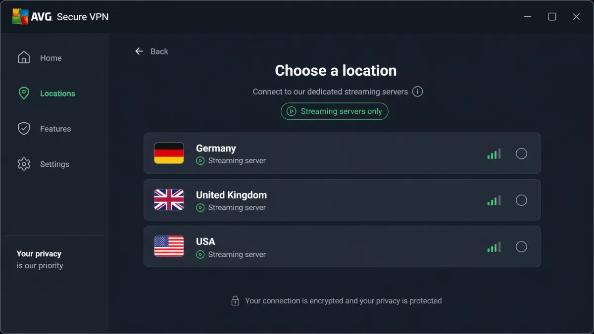AVG Secure VPN location picker filtered to its dedicated streaming servers, showing entries for Germany, the United Kingdom, and the USA.