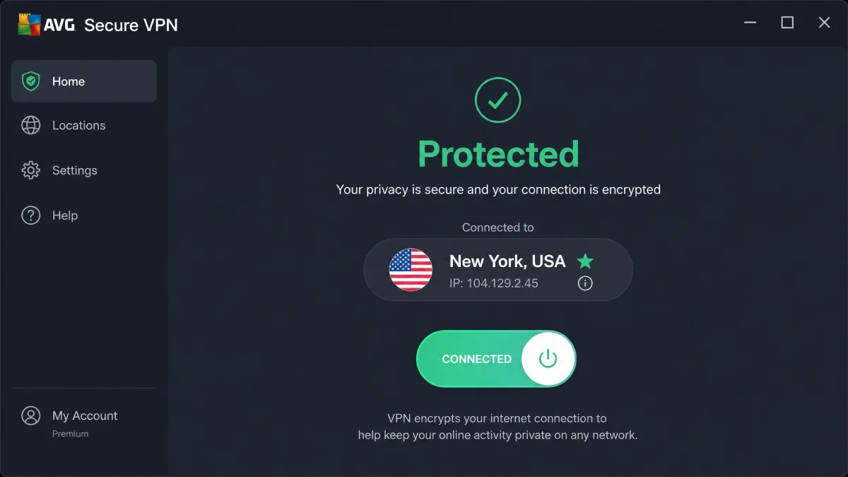 AVG Secure VPN's Windows app showing a green "Protected" status, the connected server location, and the large connect toggle in the center of the window.