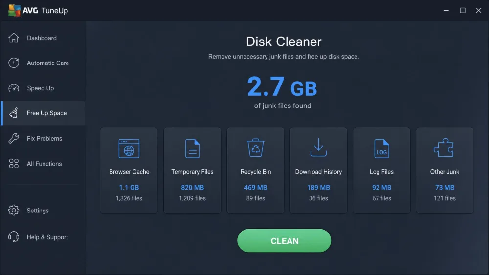 The AVG TuneUp Disk Cleaner showing 2.7 GB of junk files grouped by category with a Clean button.