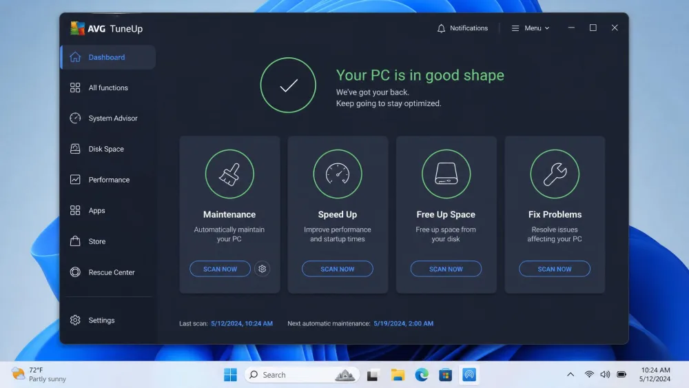 The AVG TuneUp dashboard on Windows 11 showing the Maintenance, Speed Up, Free Up Space, and Fix Problems tiles.