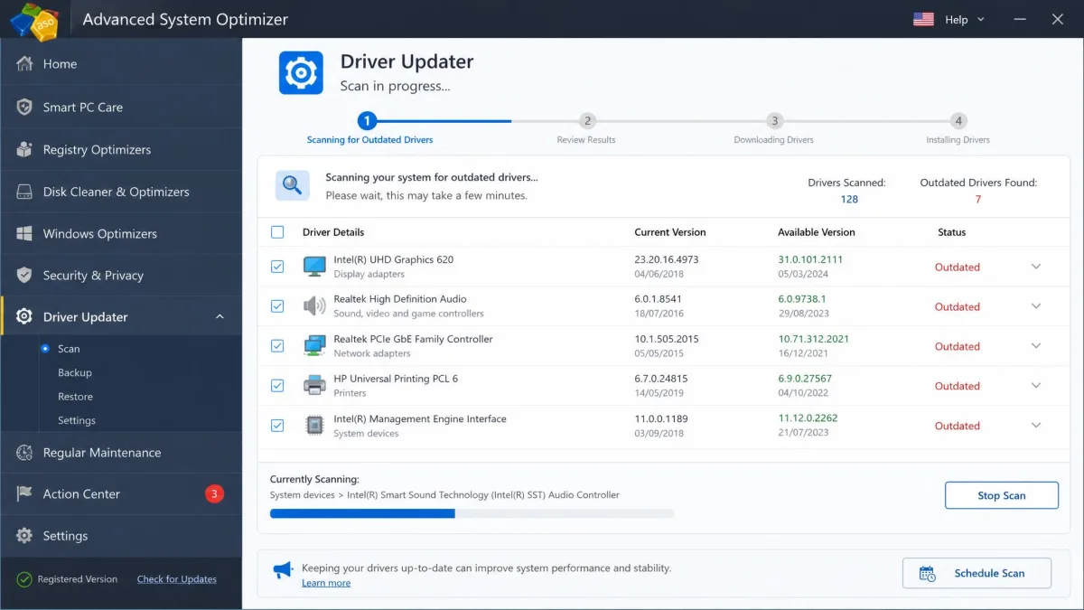 Advanced System Optimizer's driver updater module mid-scan, listing outdated Windows device drivers with current and available version numbers side by side.