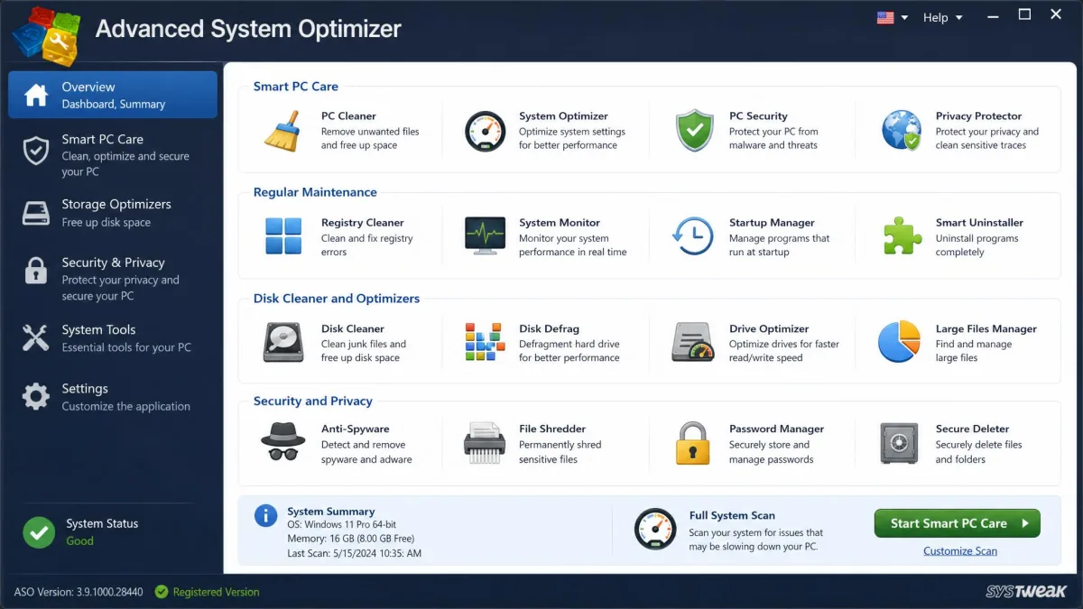 Advanced System Optimizer's main window showing its grid of utility modules grouped under Smart PC Care, Regular Maintenance, Disk Cleaner and Optimizers, and Security and Privacy categories.