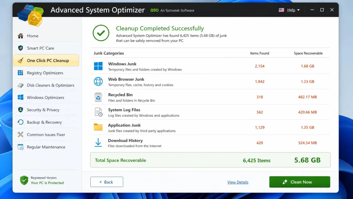 Advanced System Optimizer One Click PC Cleanup results screen listing junk categories and a total of several gigabytes of recoverable space on a Windows 11 PC.